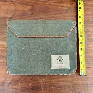 Vintage Fossil Canvas Green Leather Trim Pouch Sleeve Case 10” x 9” Zip Pocket